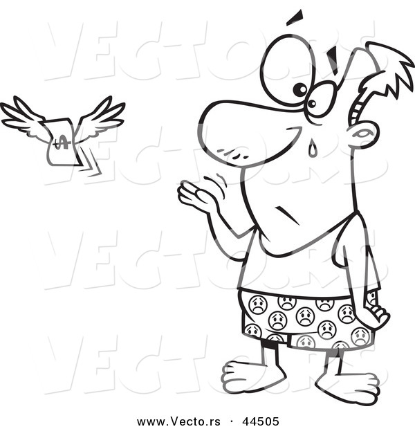 Vector of a Crying Cartoon Man Stripped to His Boxers As His Money Flies Away on Tax Day - Coloring Page Outline