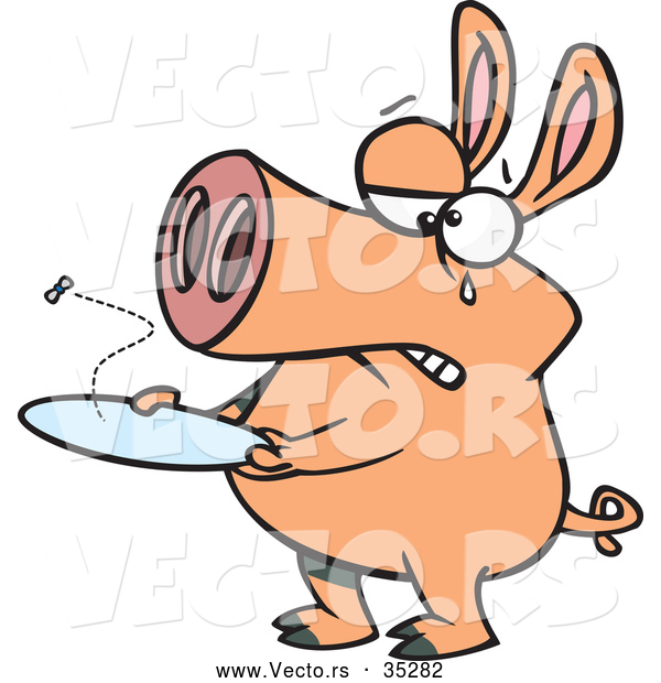 Vector of a Crying Cartoon Pig with an Empty Plate
