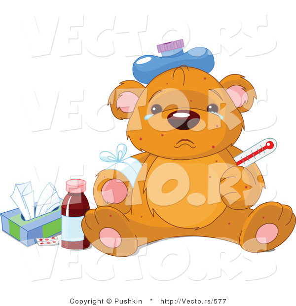 Vector of a Crying Sick Teddy Bear Beside Medicine and Medical Supplies