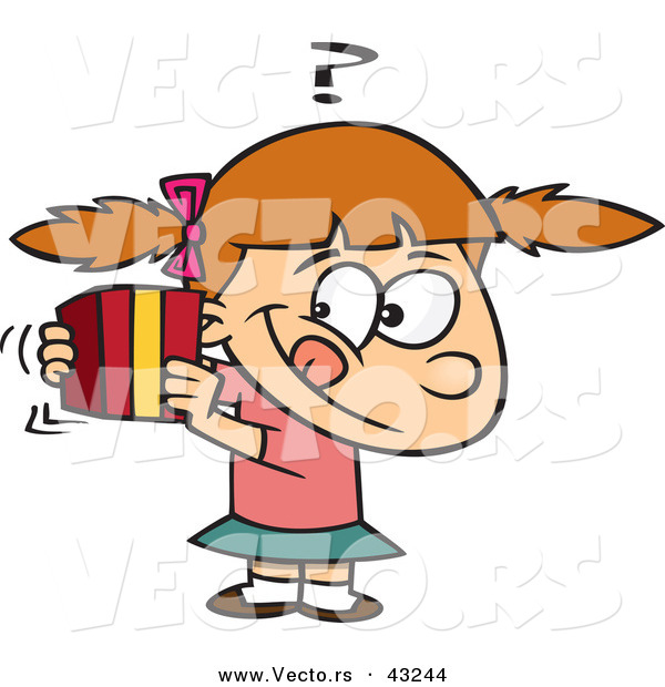 Vector of a Curious Cartoon Girl Trying to Guess a Wrapped Present