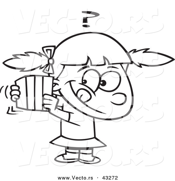 Vector of a Curious Cartoon Girl Trying to Guess What's in a Wrapped Gift - Coloring Page Outline