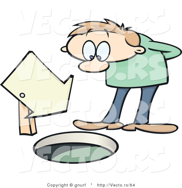 Vector of a Curious Cartoon Man Looking down a Manhole with a Blank Sign Pointing down It