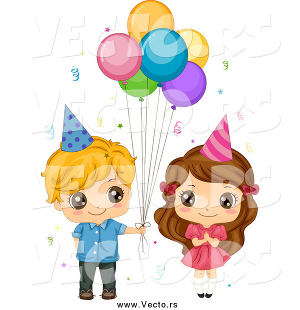 Vector of a Cute White Birthday Boy Giving Balloons to a Girl