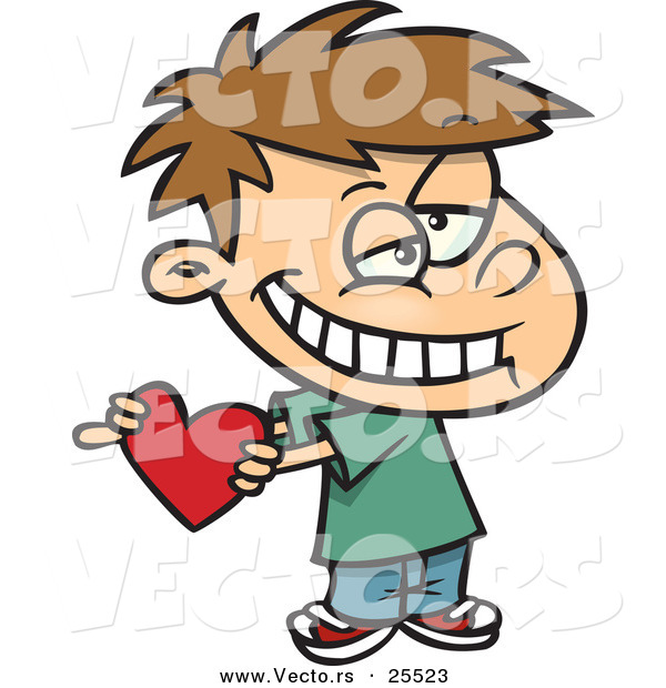 Vector of a Cute White Boy Holding a Red Valentine Love Heart While Grinning