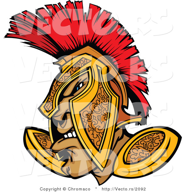 Vector of a Defensive Cartoon Spartan Warrior Wearing Gold and Red Helmet While Grinning