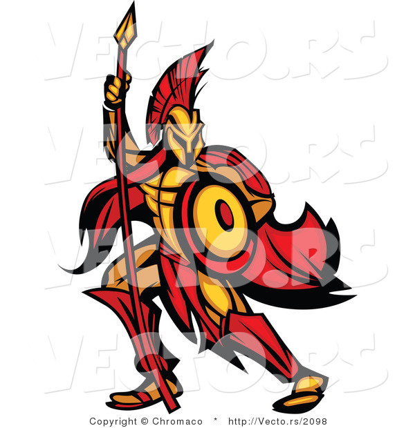 Vector of a Defensive Spartan Warrior Armed with a Spear and Protective Shield