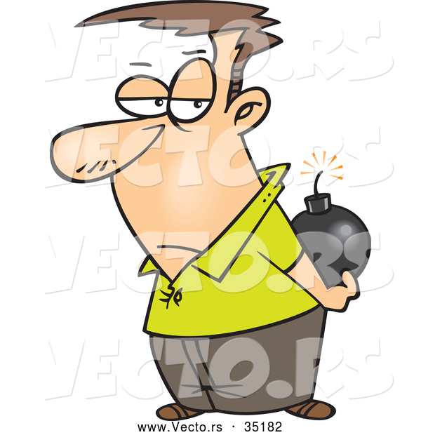 Vector of a Depressed Cartoon Man Holding a Lit Bomb Behind His Back