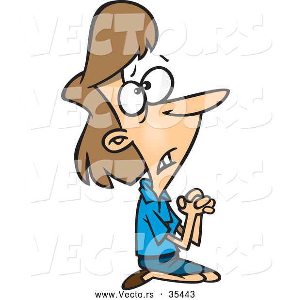 Vector of a Desperate Cartoon Businesswoman Pleading to God on Her Knees