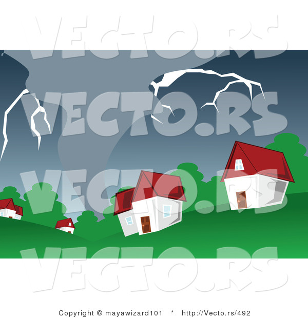 Vector of a Destructive Tornado Heading Towards a Small Town with Houses