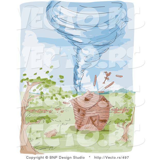 Vector of a Destructive Water Colored Tornado on Farm with Barn