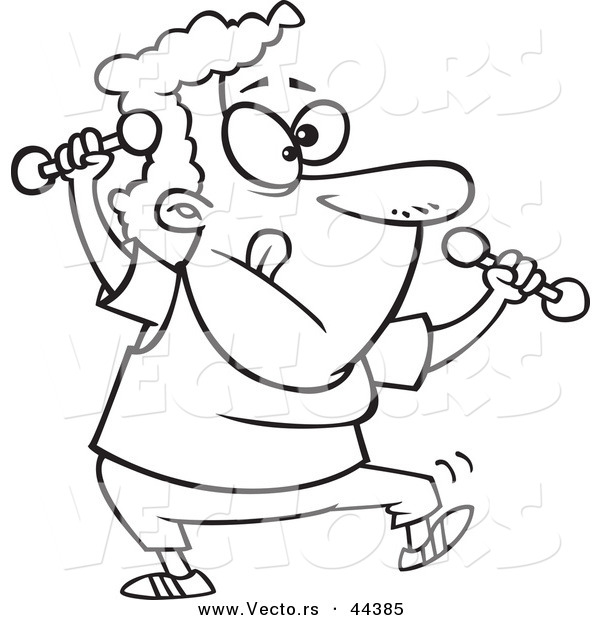 Vector of a Determined Cartoon Granny Doing Zumba with Dumbbells - Coloring Page Outline