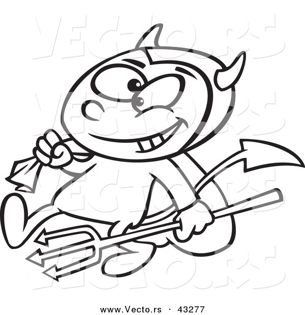 Vector of a Devil Cartoon Boy Carrying a Candy Sack and Pitchfork - Coloring Page Outline