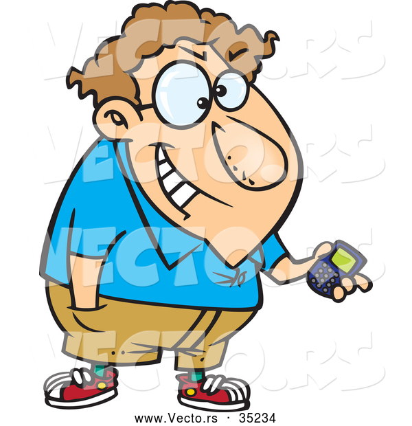 Vector of a Devious Cartoon Nerd Boy Carrying a Handheld Gadget While Grinning