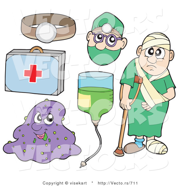 Vector of a Digital Collage; Headlamp, First Aid Kit, Virus, IV, Doctor, and a Sick Guy