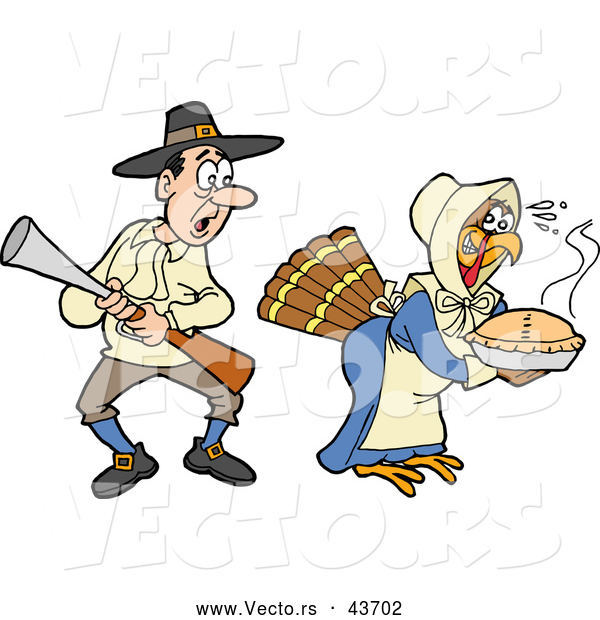 Vector of a Disguised Cartoon Thanksgiving Turkey Delivering Hot Pie While a Shocked Pilgrim Hunter Shocking Stares at Her
