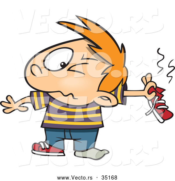 Vector of a Disgusted Cartoon Boy Holding His Smelly Shoe
