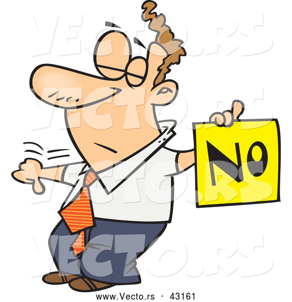 Vector of a Displeased Cartoon Man with a Thumb down Holding a NO Sign