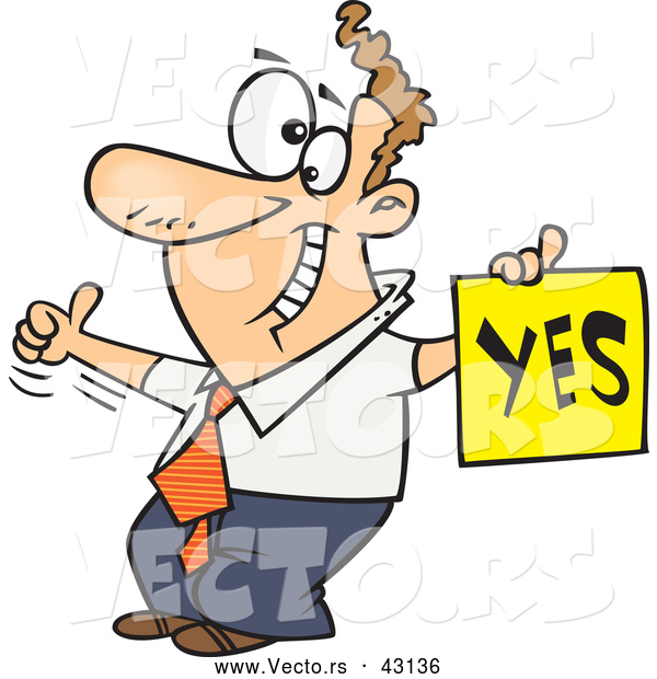 Vector of a Displeased Cartoon Man with a Thumb up Holding a YES Sign