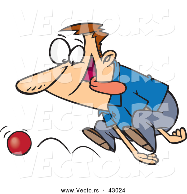Vector of a Distracted Cartoon Man Fetching a Bouncy Red Ball