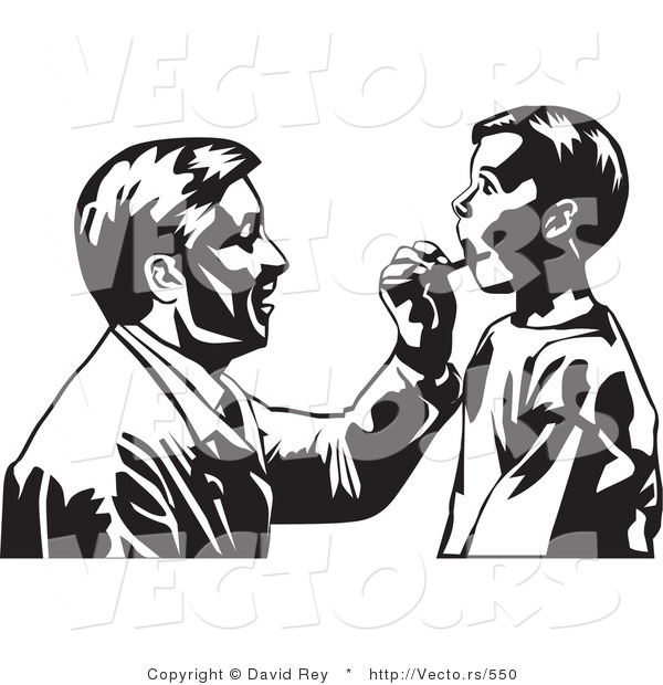 Vector of a Doctor Checking Boy's Tonsils - Black and White