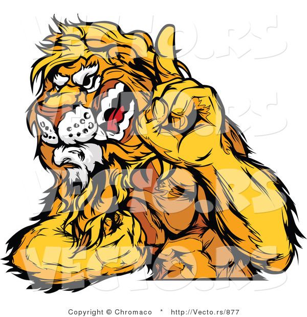 Vector of a Dominant Lion Mascot Flexing Muscles While Growling and Pointing Finger up