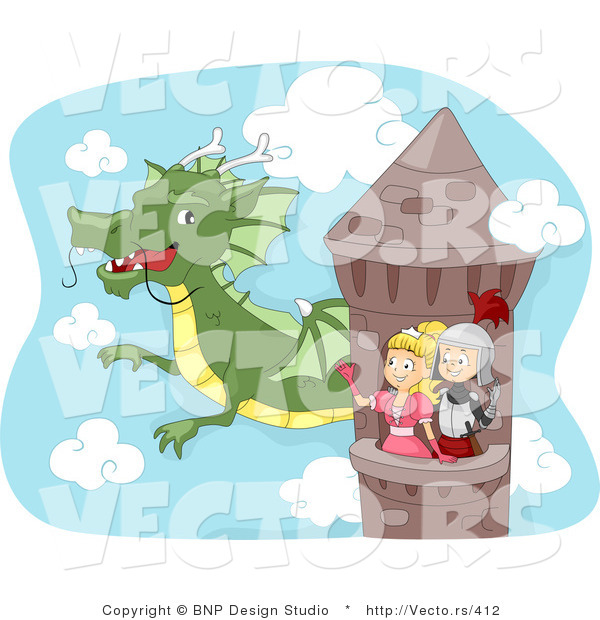 Vector of a Dragon Flying Around Tower with Young Cartoon Knight and Princess