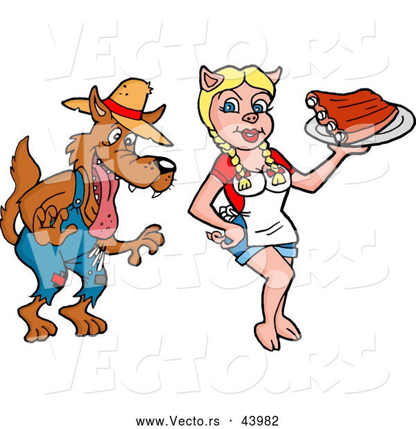 Vector of a Drooling Cartoon Wolf Staring at a Sexy Pig Waitress Serving BBQ Ribs