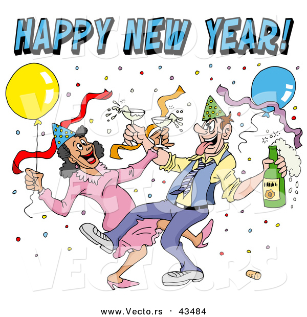 Vector of a Drunk Couple Wearing Party Hats and Dancing with Champagne Under Balloons and Confetti at a New Year Party