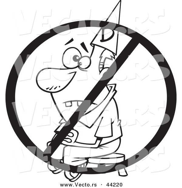 Vector of a Dunce Cartoon Man Sitting on a Stool Under a Restricted Symbol - Coloring Page Outline