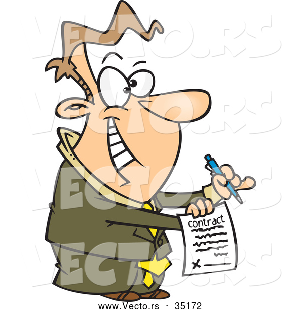 Vector of a Eager Cartoon Salesman Holding out a Contract and Pen While Grinning