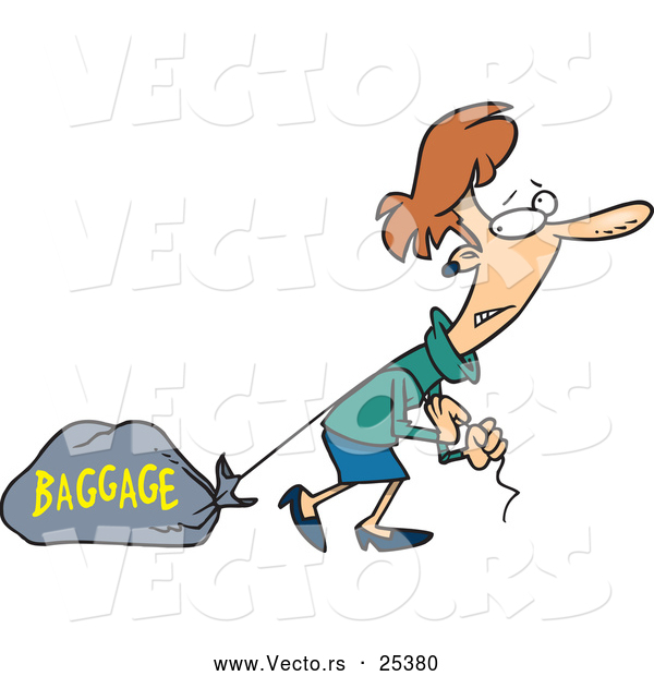 Vector of a Embarrassed Cartoon Woman with Heavy Baggage