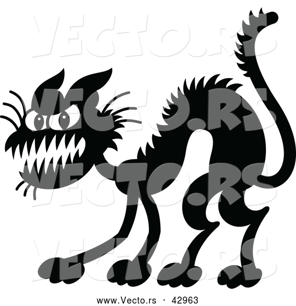 Vector of a Evil Cartoon Black Halloween Cat - Black and White