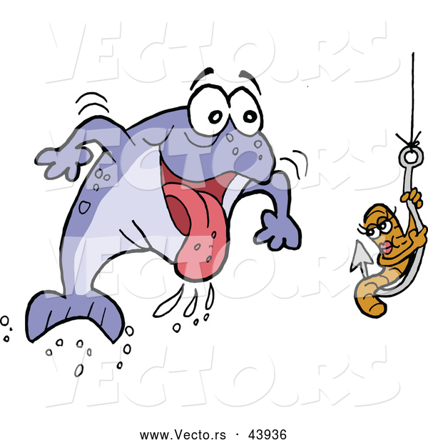 Vector of a Excited Cartoon Male Fish Rushing Towards a Female Worm on a Hook