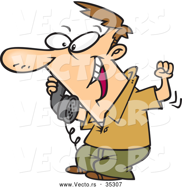 Vector of a Excited Cartoon Man Getting Great News over a Home Phone