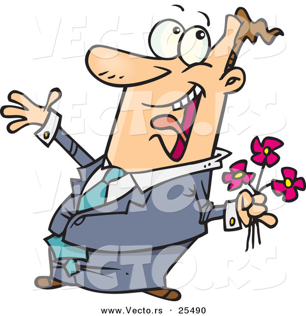 Vector of a Excited Cartoon Man Holding Pink Flowers for His Love