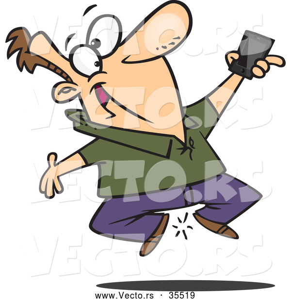 Vector of a Excited Cartoon Man Jumping up and down While Holding His Cell Phone