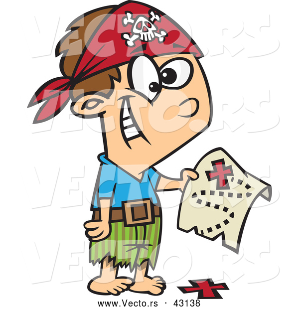 Vector of a Excited Cartoon Pirate Boy Holding a Map over the X on the Ground