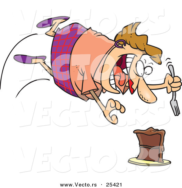 Vector of a Excited Cartoon Woman Diving Towards a Chocolate Cake with a Fork