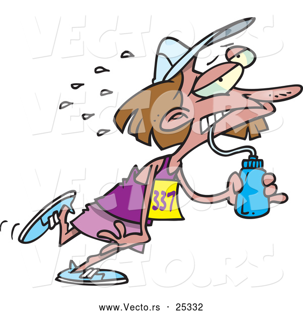 Vector of a Exhausted Cartoon Woman Running a Marathon While Drinking Water
