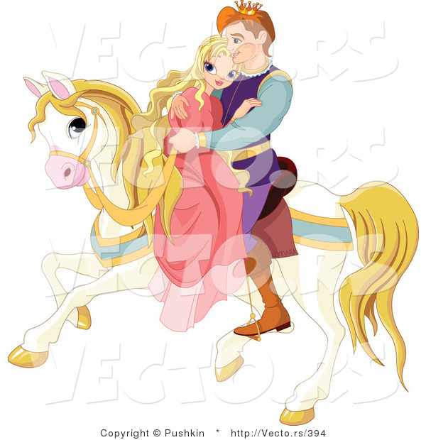 Vector of a Fairy Tale Prince Riding off with a Princess on a Horse