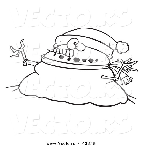 Vector of a Fat Cartoon Christmas Snowman Wearing a Santa Hat - Coloring Page Outline