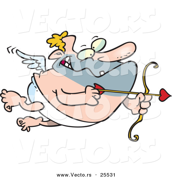 Vector of a Fat Cartoon Cupid Man Flying with Love Heart Arrow Aimed with Bow