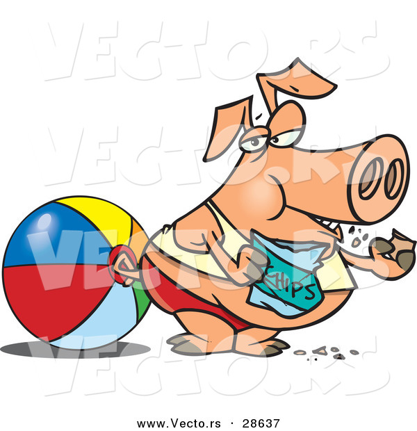 Vector of a Fat Cartoon Pig Eating Chips at the Beach Beside a Ball