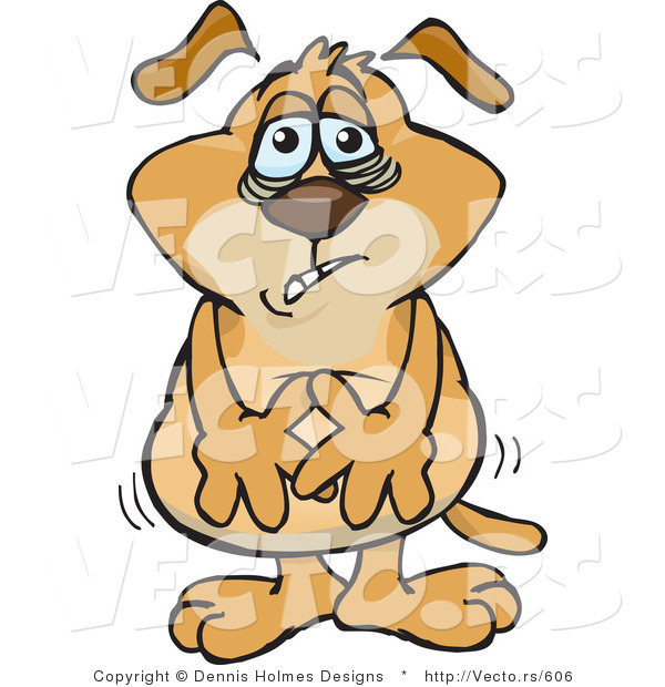 Vector of a Fatigued Cartoon Dog with Touching His Upset Stomach