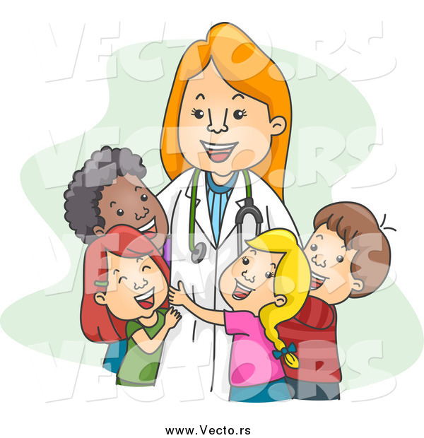 Vector of a Female Happy Pediatrician Doctor Hugging Her Patients