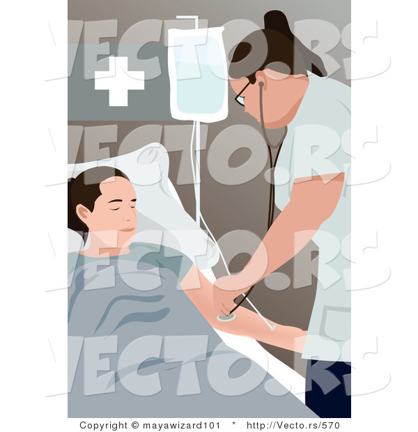 Vector of a Female Nurse Using Stethoscope on Patient in a Medical Room