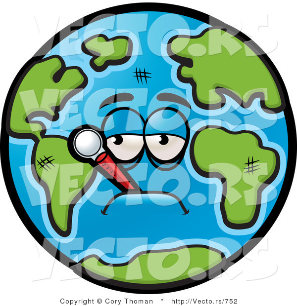 Vector of a Feverish Cartoon Earth with Thermometer in Mouth