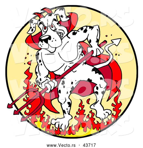 Vector of a Fierce Cartoon Devil Dalmatian Dog Standing Aggressively Within Fire While Holding a Pitchfork