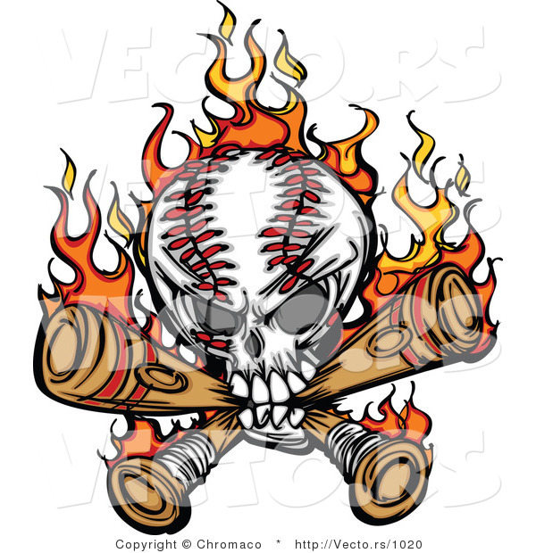 Vector of a Flaming Baseball Skull Chewing on Bats