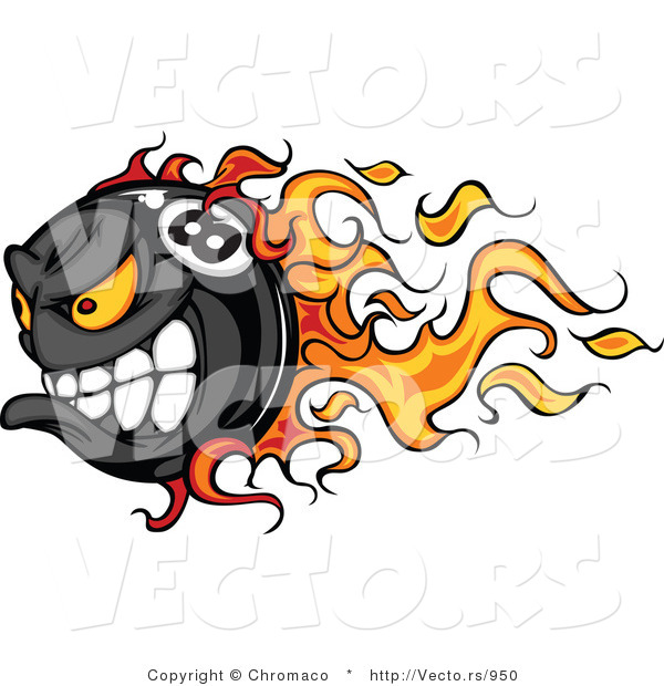 Vector of a Flaming Competitive Cartoon Billiards Eight Ball Mascot Speeding While Gritting Teeth